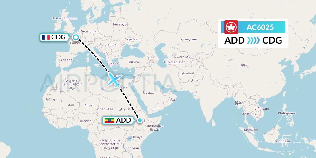 AC6025 Air Canada Flight Map: Addis Ababa to Paris