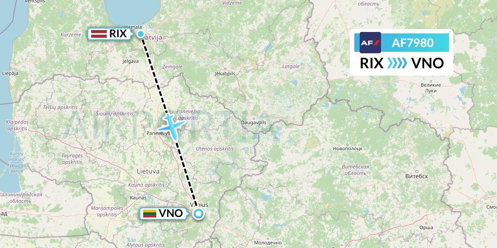 AF7980 Air France Flight Map: Riga to Vilnius