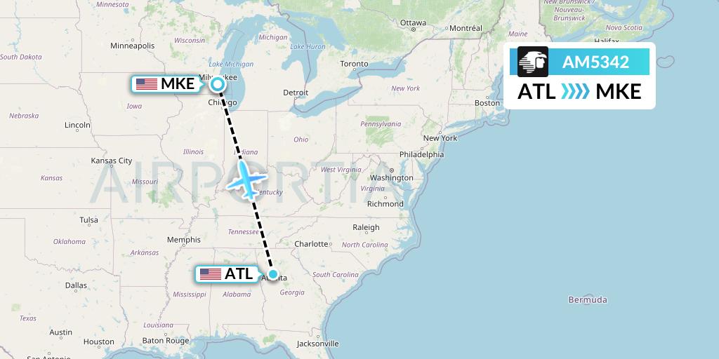 AM5342 Aeromexico Flight Map: Atlanta to Milwaukee