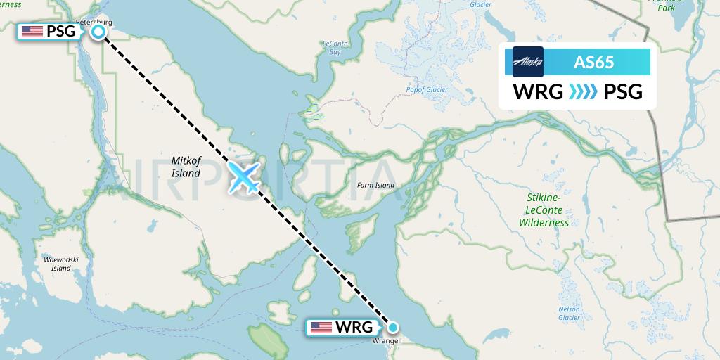 AS65 Alaska Airlines Flight Map: Wrangell to Petersburg