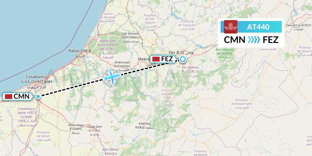AT440 Royal Air Maroc Flight Map: Casablanca to Fes