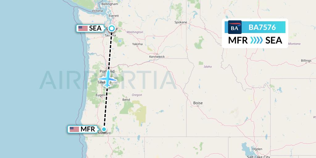 BA7576 British Airways Flight Map: Medford to Seattle