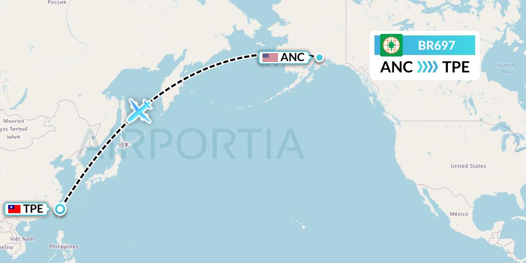BR697 EVA Air Flight Map: Anchorage to Taipei