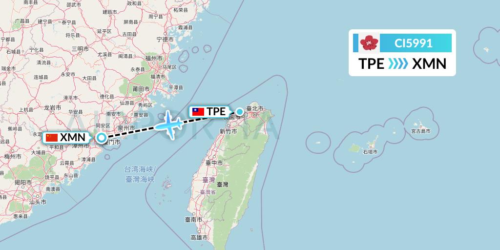 CI5991 China Airlines Flight Map: Taipei to Xiamen