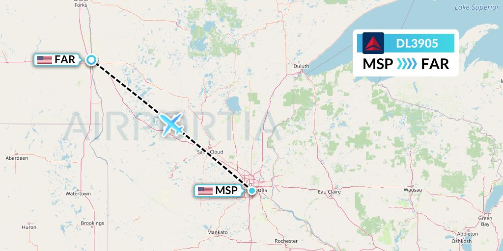 DL3905 Delta Air Lines Flight Map: Minneapolis to Fargo