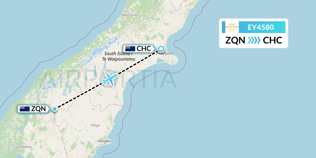 EY4580 Etihad Airways Flight Map: Queenstown to Christchurch
