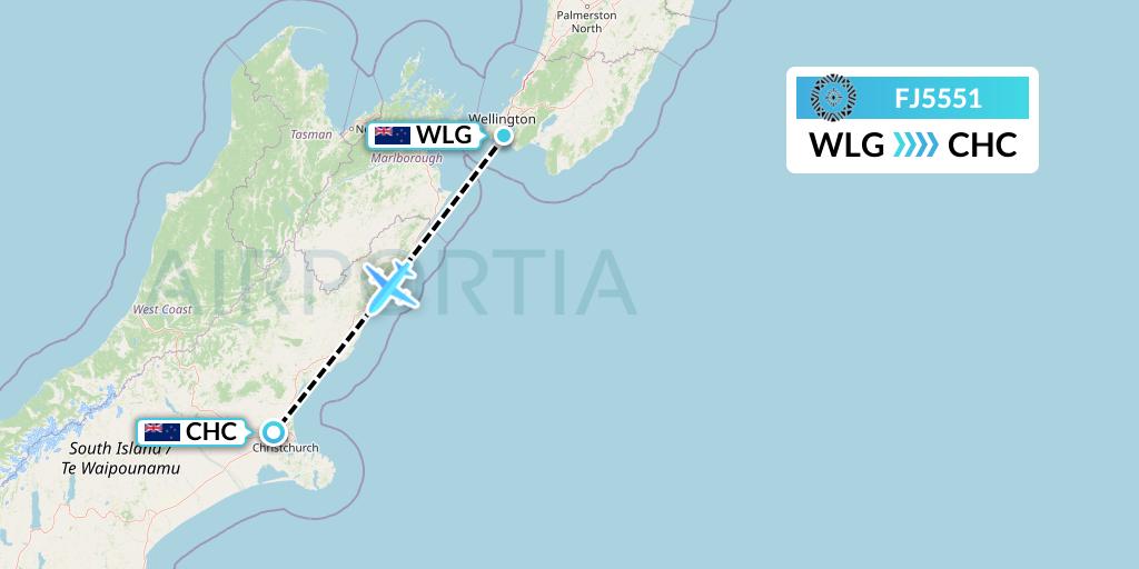FJ5551 Fiji Airways Flight Map: Wellington to Christchurch
