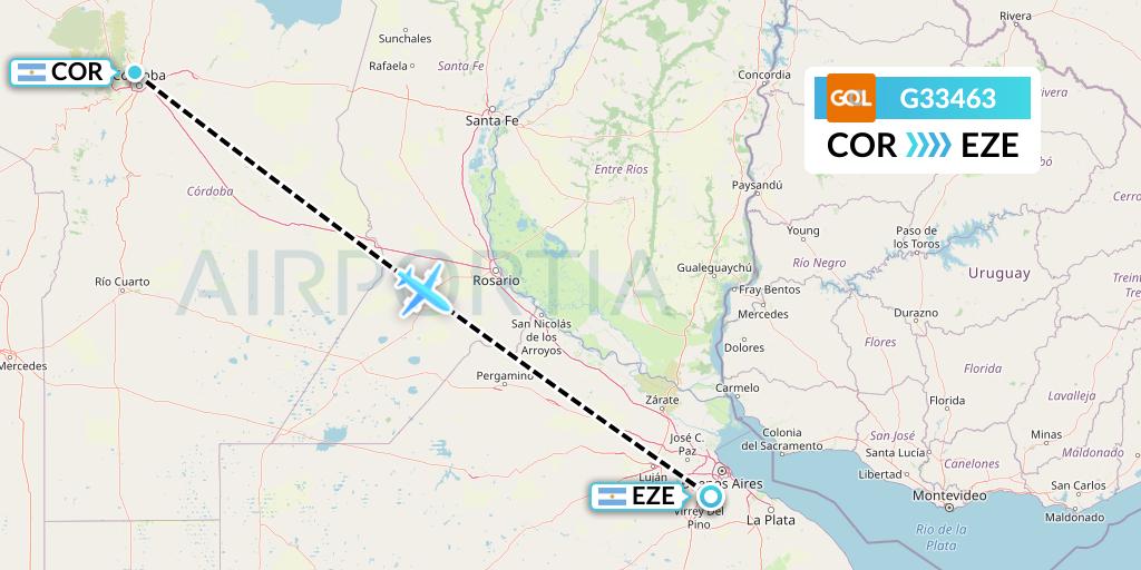 G33463 GOL Transportes Aeros Flight Map: Cordoba to Buenos Aires