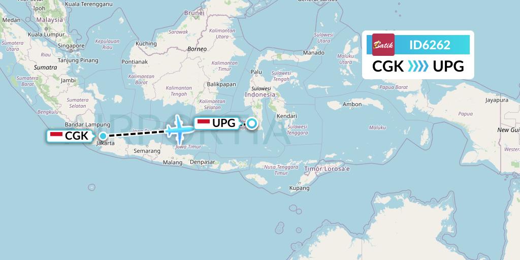 ID6262 Batik Air Flight Map: Jakarta to Makassar