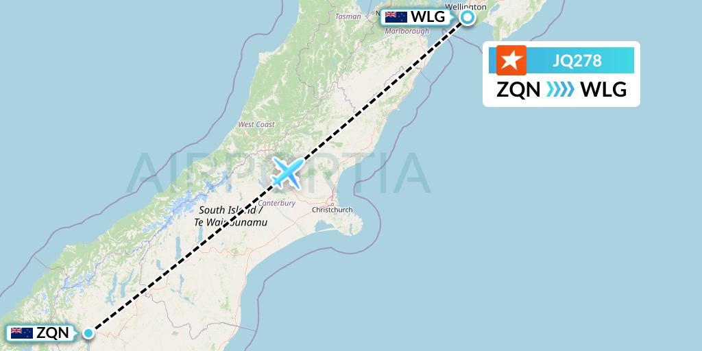 JQ278 Jetstar Airways Flight Map: Queenstown to Wellington