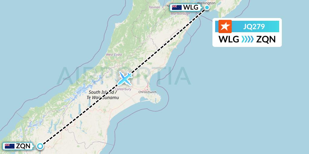 JQ279 Jetstar Airways Flight Map: Wellington to Queenstown