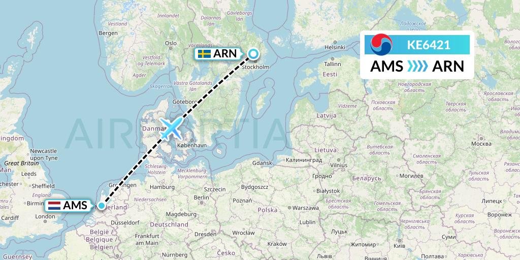 KE6421 Korean Air Flight Map: Amsterdam to Stockholm