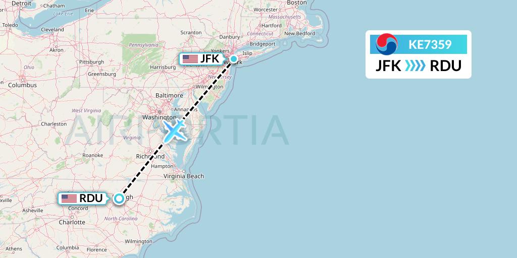 KE7359 Korean Air Flight Map: New York to Raleigh-Durham