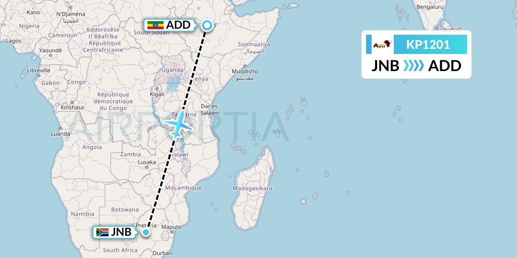 KP1201 ASKY Flight Map: Johannesburg to Addis Ababa