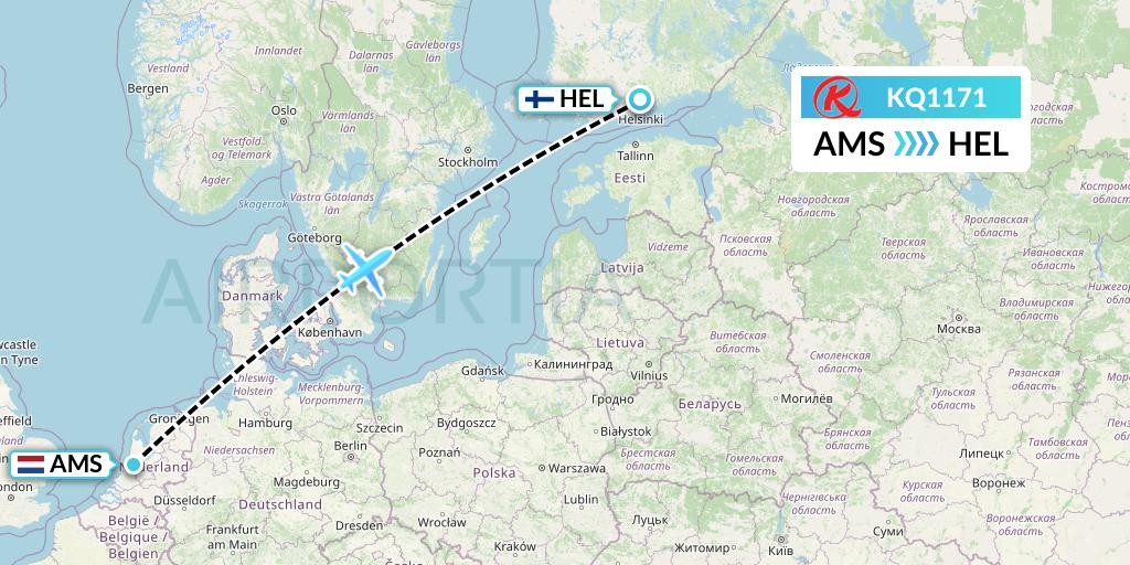 KQ1171 Kenya Airways Flight Map: Amsterdam to Helsinki