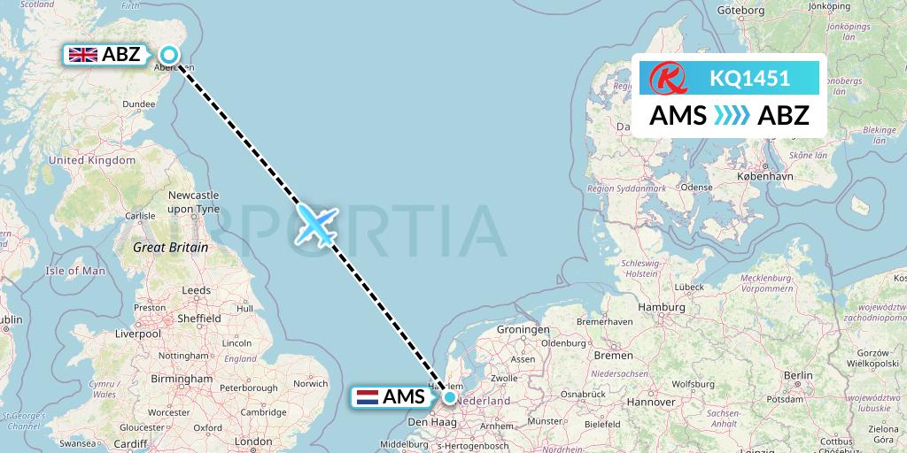 KQ1451 Kenya Airways Flight Map: Amsterdam to Aberdeen