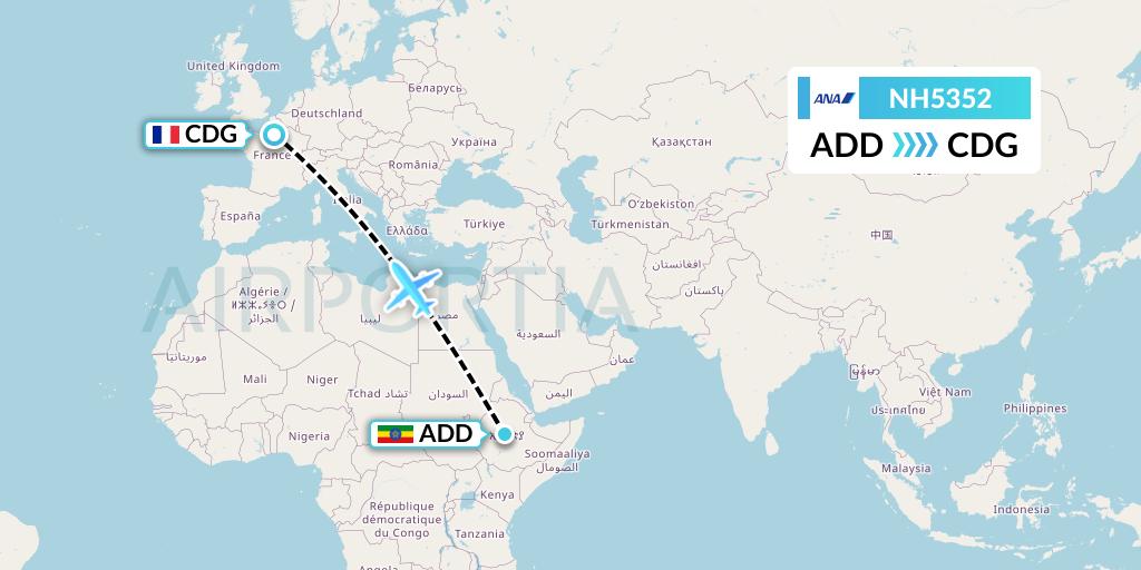 NH5352 All Nippon Airways Flight Map: Addis Ababa to Paris