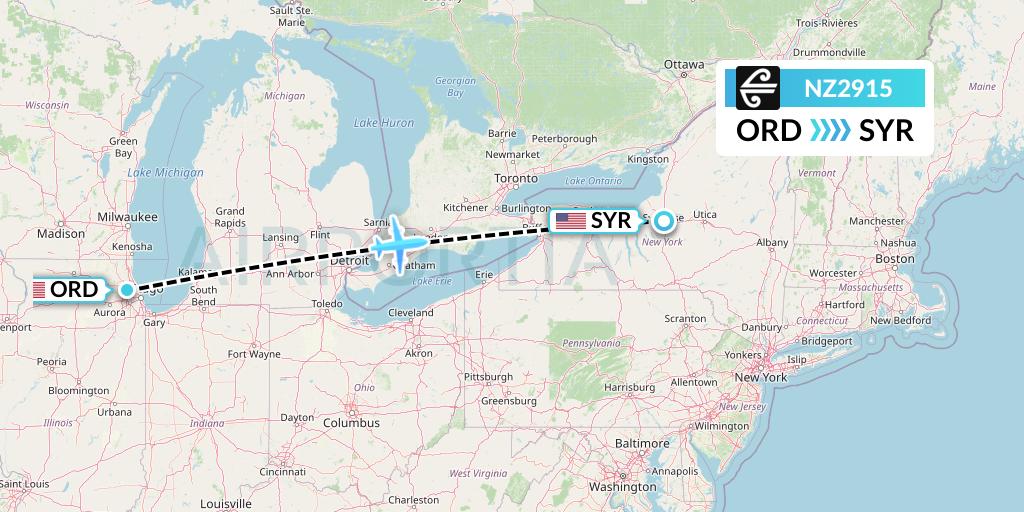NZ2915 Air New Zealand Flight Map: Chicago to Syracuse