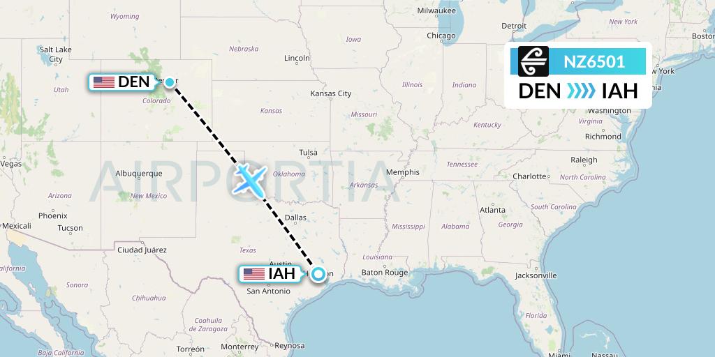 NZ6501 Air New Zealand Flight Map: Denver to Houston