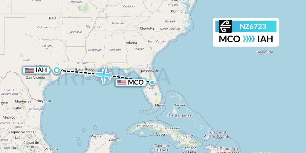 NZ6723 Air New Zealand Flight Map: Orlando to Houston