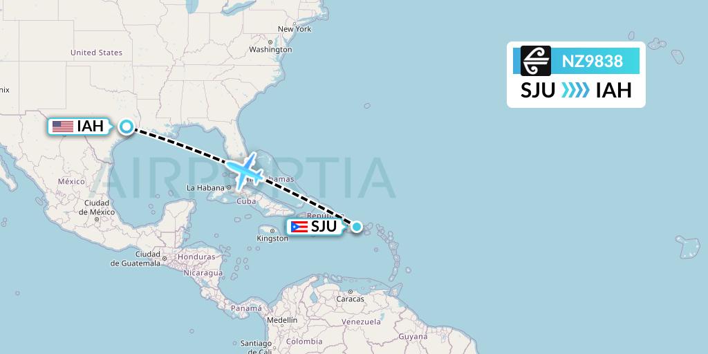 NZ9838 Air New Zealand Flight Map: San Juan to Houston