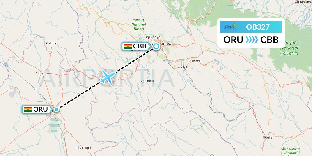 OB327 Boliviana de Aviacion Flight Map: Oruro to Cochabamba