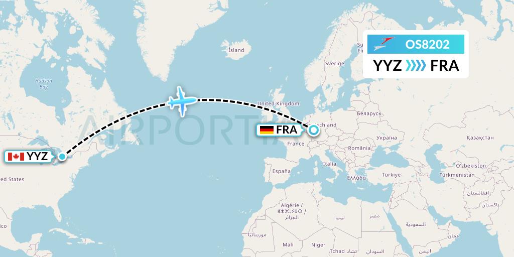 OS8202 Austrian Airlines Flight Map: Toronto to Frankfurt