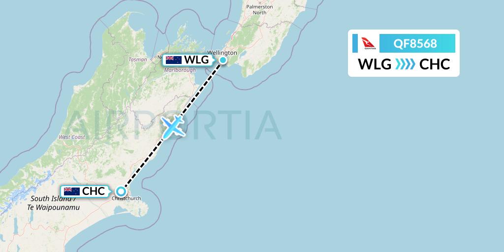 QF8568 Qantas Flight Map: Wellington to Christchurch