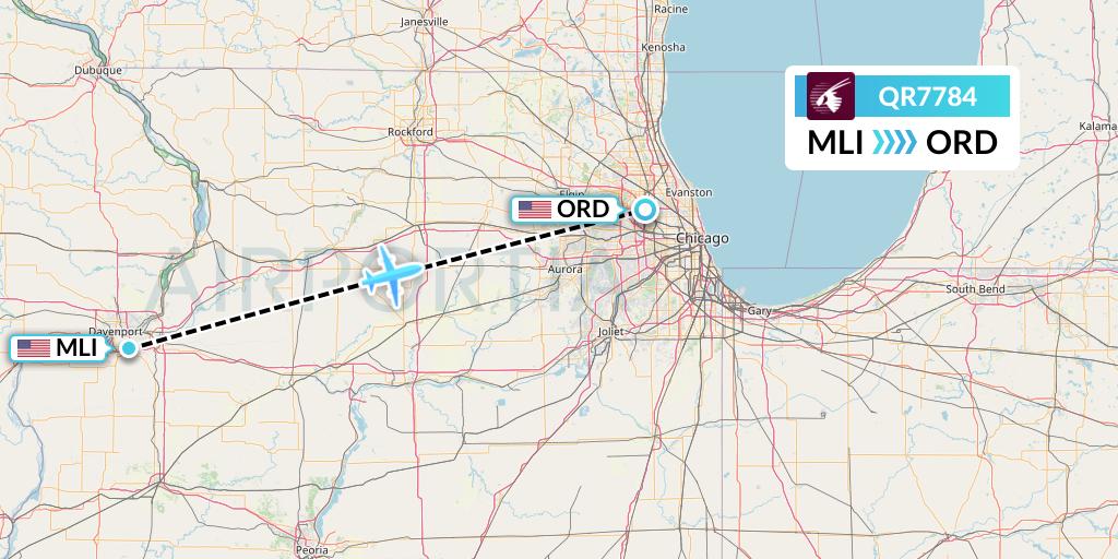 QR7784 Qatar Airways Flight Map: Moline to Chicago