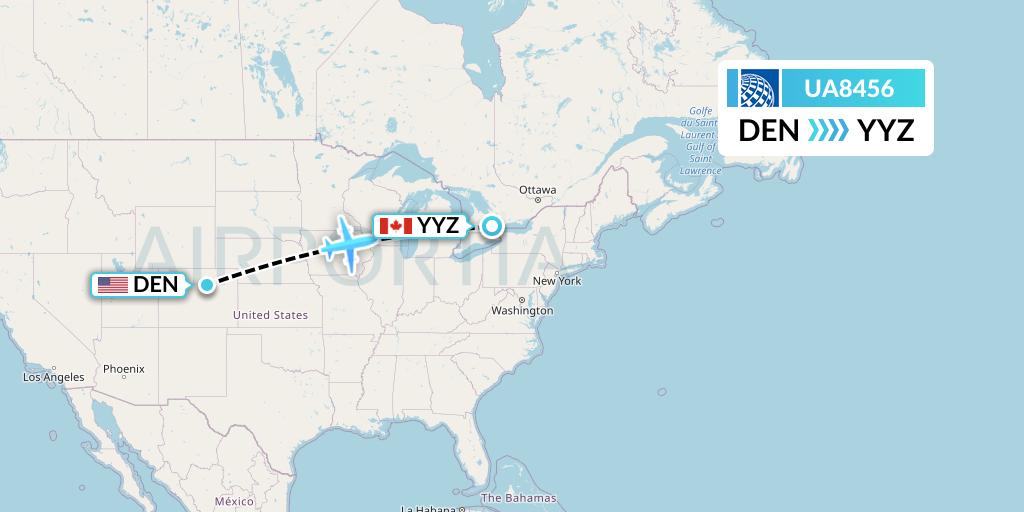 UA8456 United Airlines Flight Map: Denver to Toronto