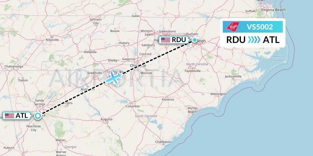 VS5002 Virgin Atlantic Airways Flight Map: Raleigh-Durham to Atlanta