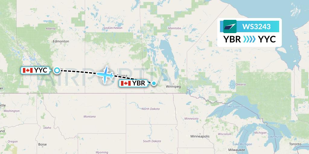 WS3243 WestJet Flight Map: Brandon to Calgary