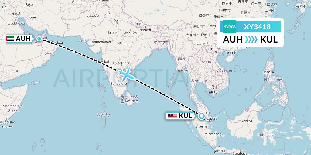 XY3418 Flynas Flight Map: Abu Dhabi to Kuala Lumpur