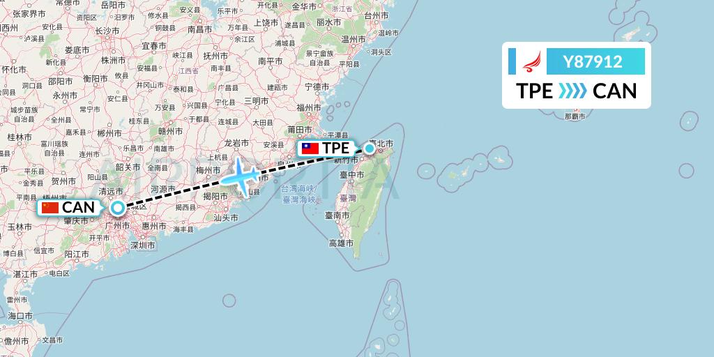 Y87912 Yangtze River Express Flight Map: Taipei to Guangzhou