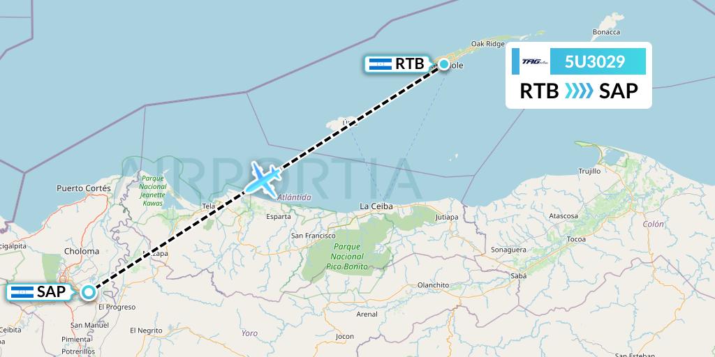 5U3029 TAG Airlines Flight Map: Roatan to San Pedro Sula