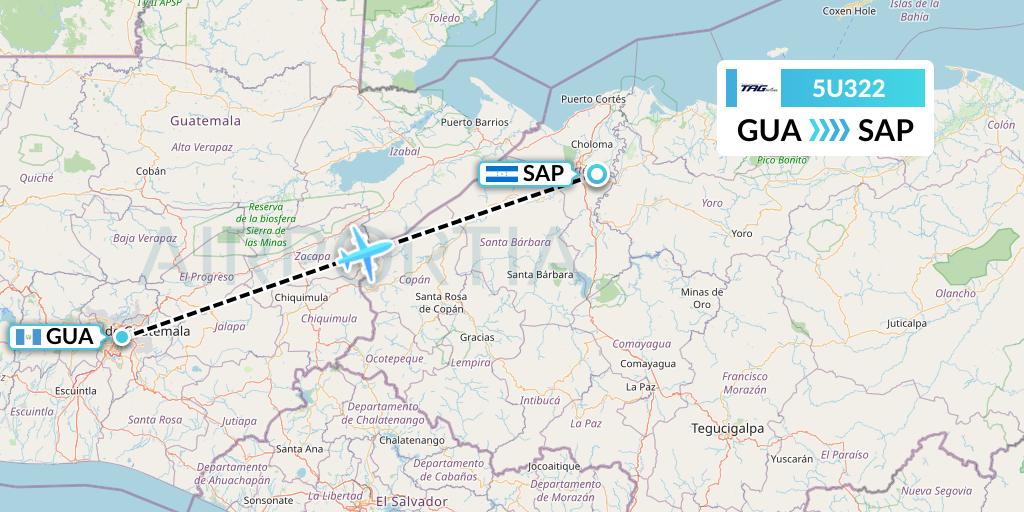 5U322 TAG Airlines Flight Map: Guatemala City to San Pedro Sula