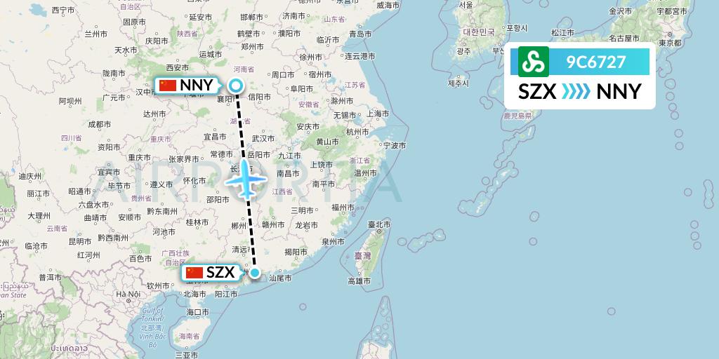 9C6727 Spring Airlines Flight Map: Shenzhen to Nanyang