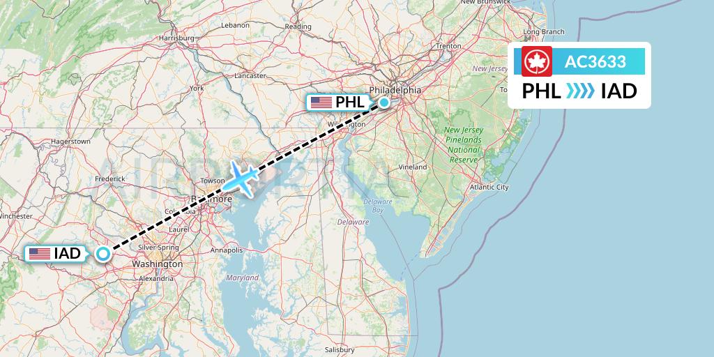 AC3633 Air Canada Flight Map: Philadelphia to Washington