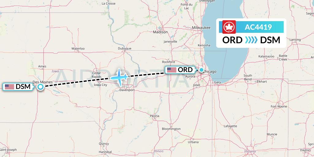 AC4419 Air Canada Flight Map: Chicago to Des Moines