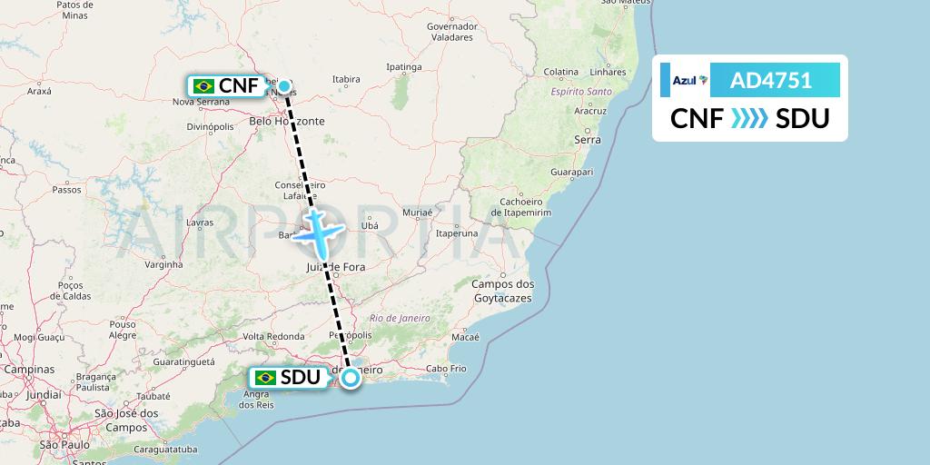 AD4751 Azul Brazilian Airlines Flight Map: Belo Horizonte to Rio de Janeiro