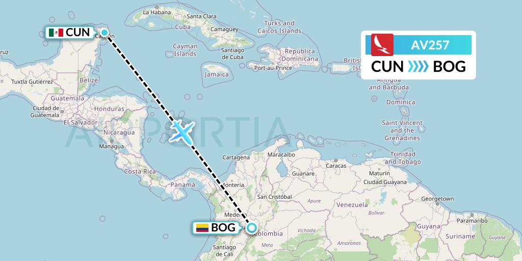 AV257 Avianca Flight Map: Cancun to Bogota