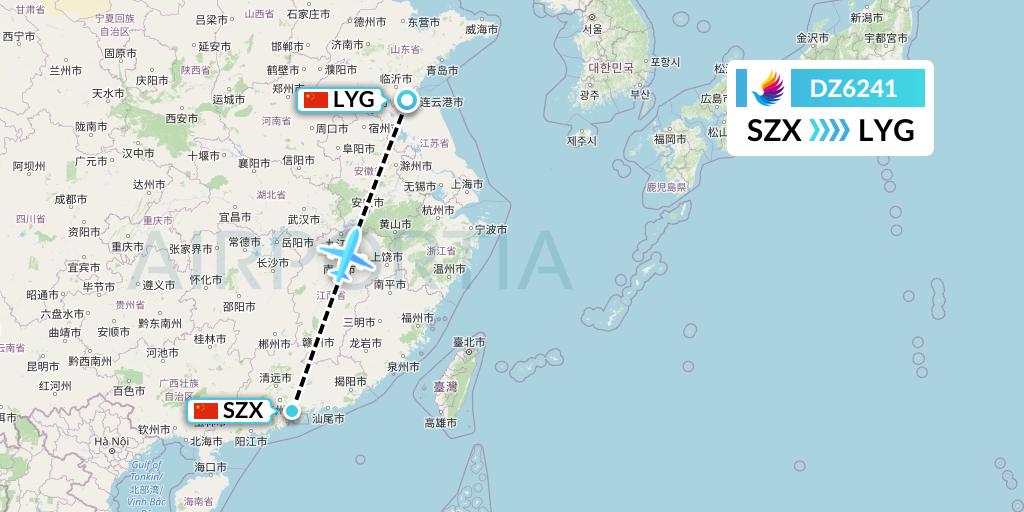 DZ6241 Donghai Airlines Flight Map: Shenzhen to Lianyungang