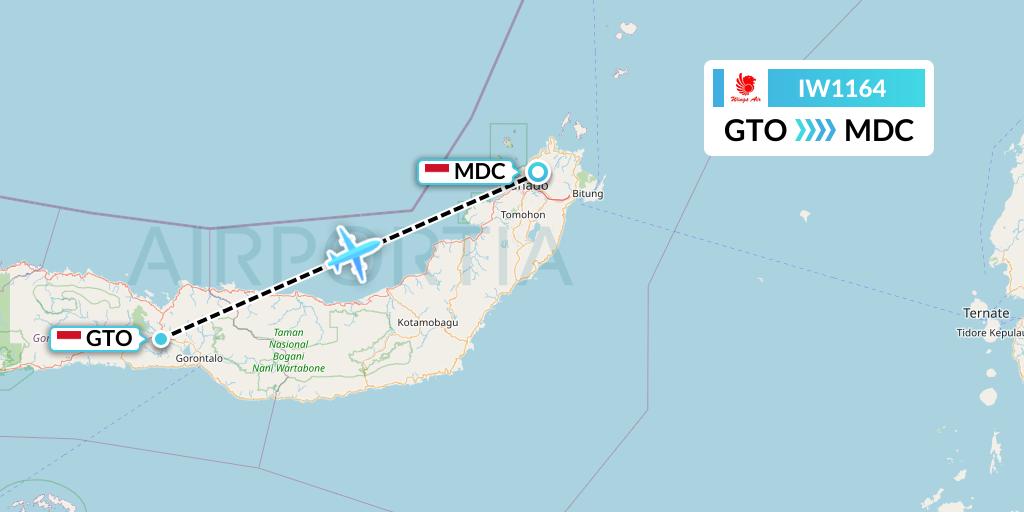 IW1164 Wings Air Flight Map: Gorontalo to Manado