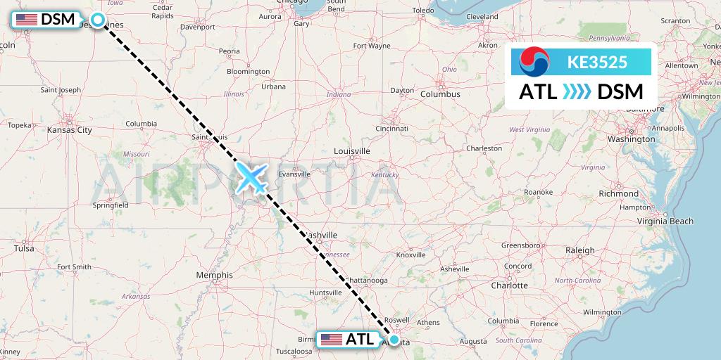 KE3525 Korean Air Flight Map: Atlanta to Des Moines