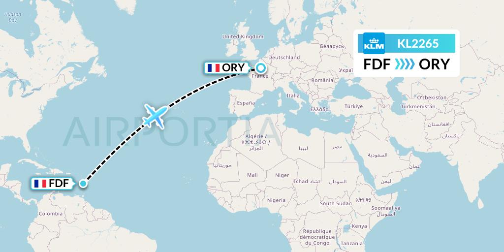 KL2265 KLM Flight Map: Fort-de-France to Paris