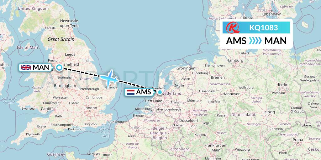 KQ1083 Kenya Airways Flight Map: Amsterdam to Manchester