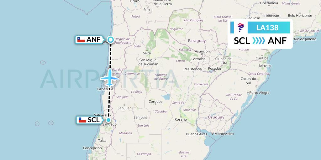 LA138 LAN Airlines Flight Map: Santiago to Antofagasta