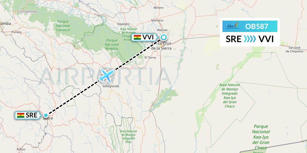 OB587 Boliviana de Aviacion Flight Map: Sucre to Santa Cruz