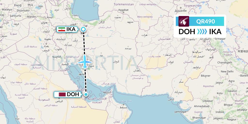 QR490 Qatar Airways Flight Map: Doha to Tehran