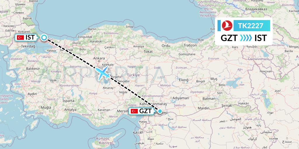 TK2227 Turkish Airlines Flight Map: Gaziantep to Istanbul